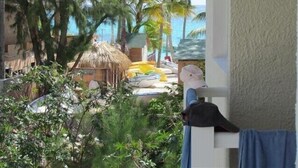 Een kamer met uitzicht op een strand, inclusief palmbomen, een hut met rieten dak en een gele ligstoel.