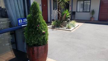 L’entrée d’un immeuble, avec une enseigne indiquant une clinique dentaire, un arbre en pot et un petit espace jardin agrémenté de rochers et de plantes.