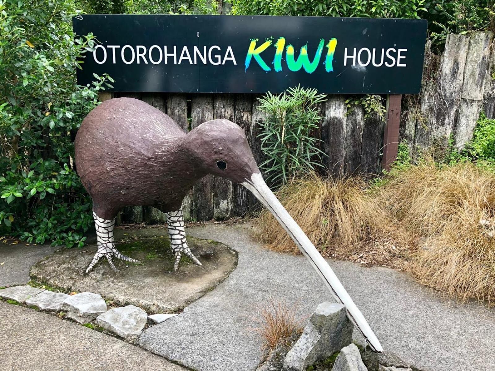 A sign for the Otorohanga Kiwi House with a kiwi sculpture in front.