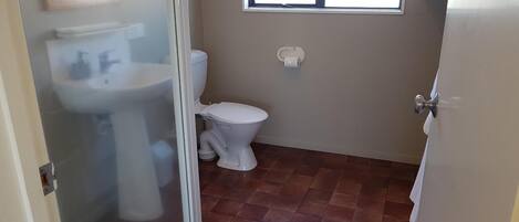 Un baño con inodoro, lavabo y ventana.