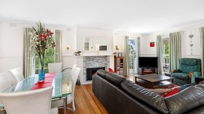 TV, fireplace, DVD player, music library