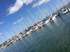 Stunning marina views with sailboats docked at the piers.