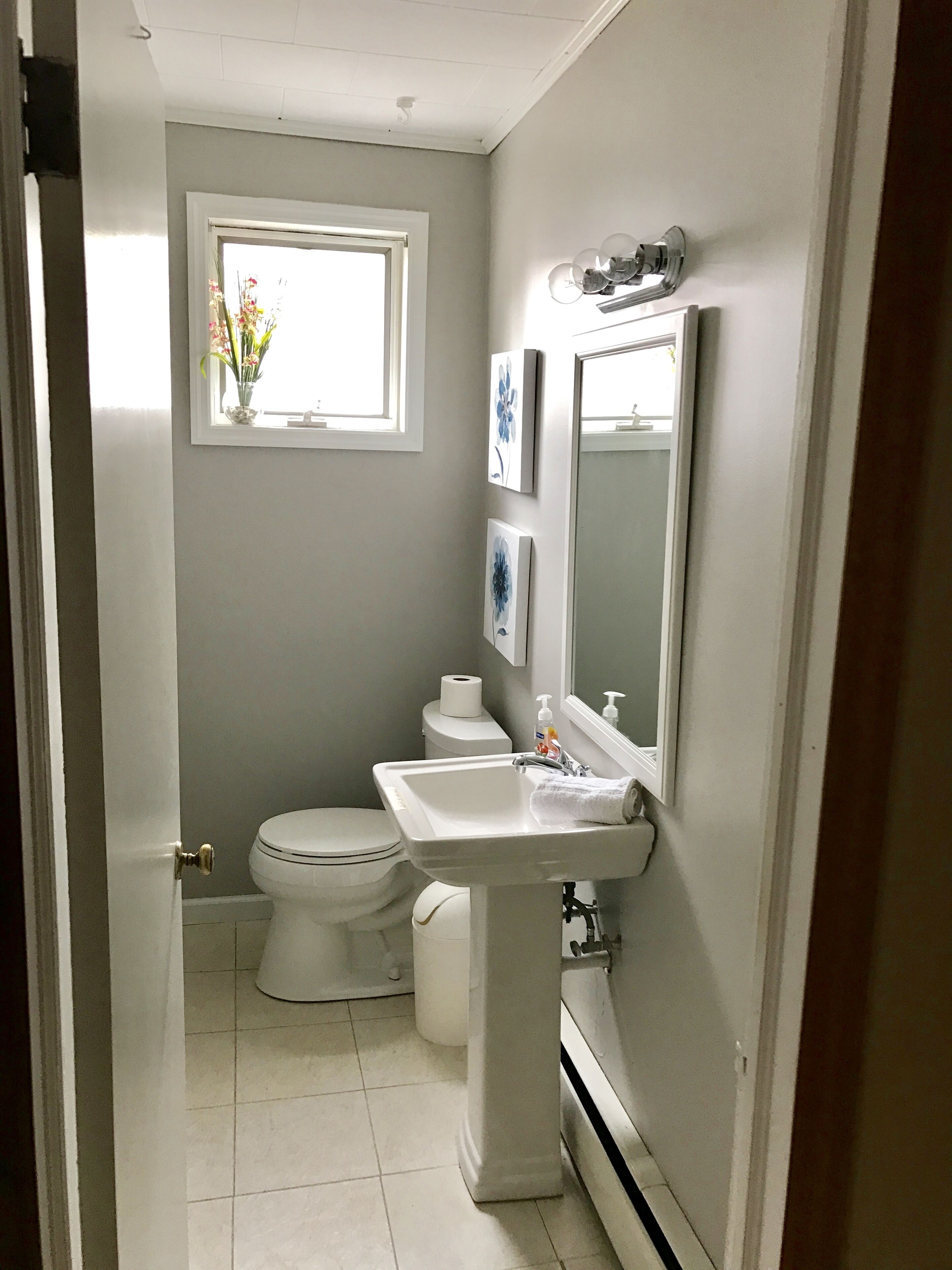 A bathroom with a toilet, sink, and window.