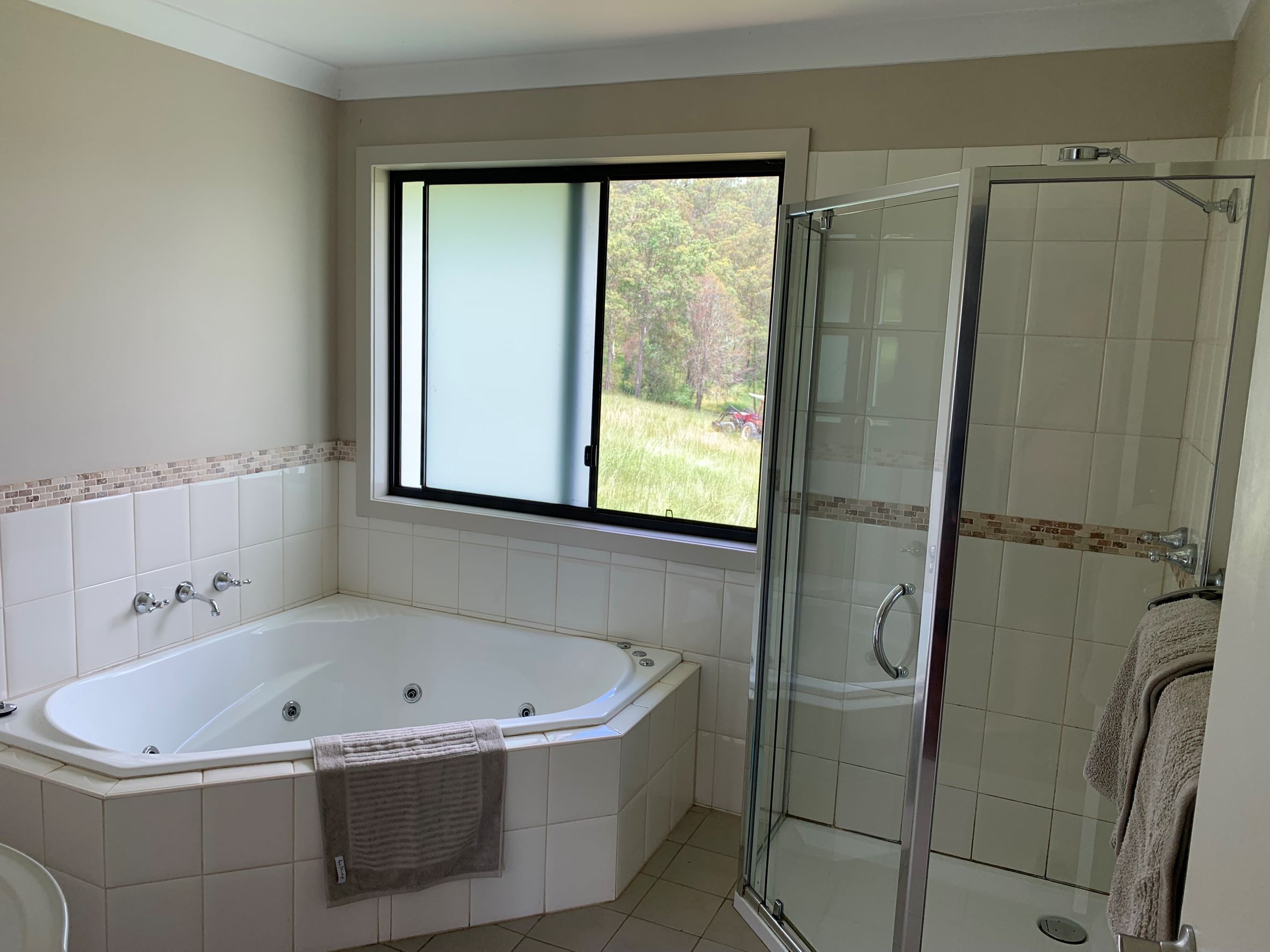 Ducha, bañera de hidromasaje, secador de pelo, toallas