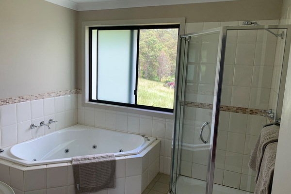 Ducha, bañera de hidromasaje, secador de pelo, toallas