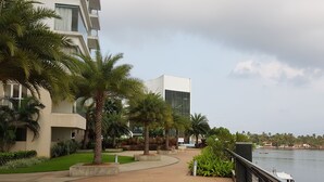 A waterfront promenade with palm trees, a modern building, and a view of the water.