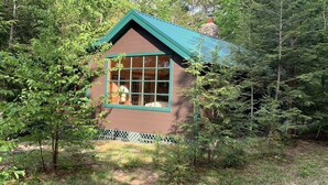 A small cabin with a green roof and brown walls, surrounded by trees. - Boathouse Cottage. Private Beach. Sunset, Mountain,  Lake Views. Near Acadia NP! (Sullivan)
