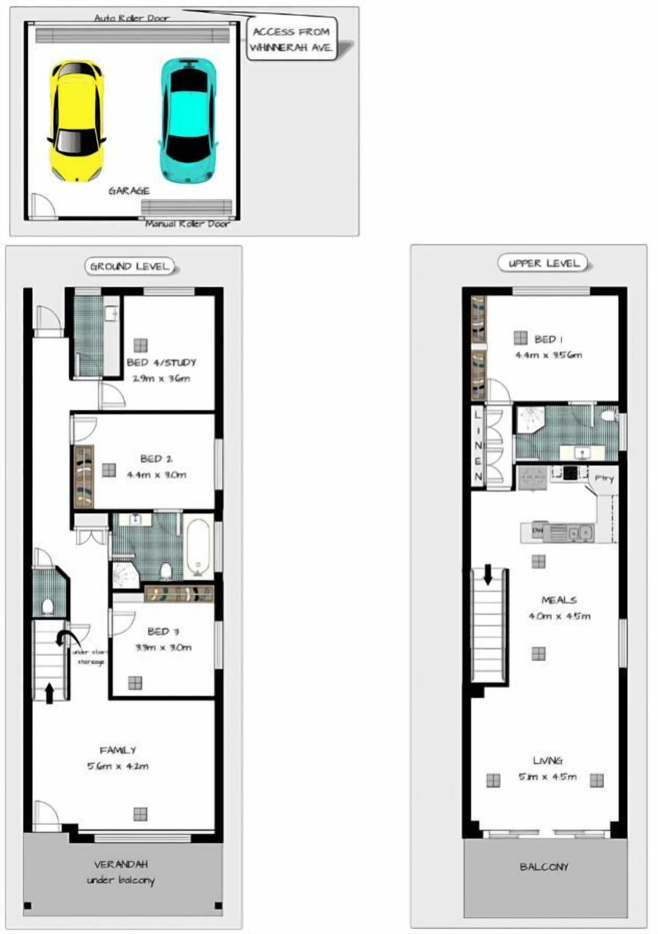 A ground-level floor plan with a study, three bedrooms, a family room, and a bathroom.