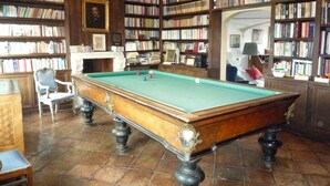 A library with a pool table, bookshelves, and a fireplace. - luxury penthouse in the heart of Rome with two terrific terraces on the domes (rome)