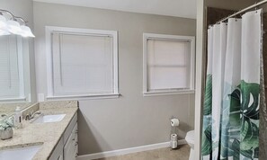 Combined shower/tub, hair dryer, towels