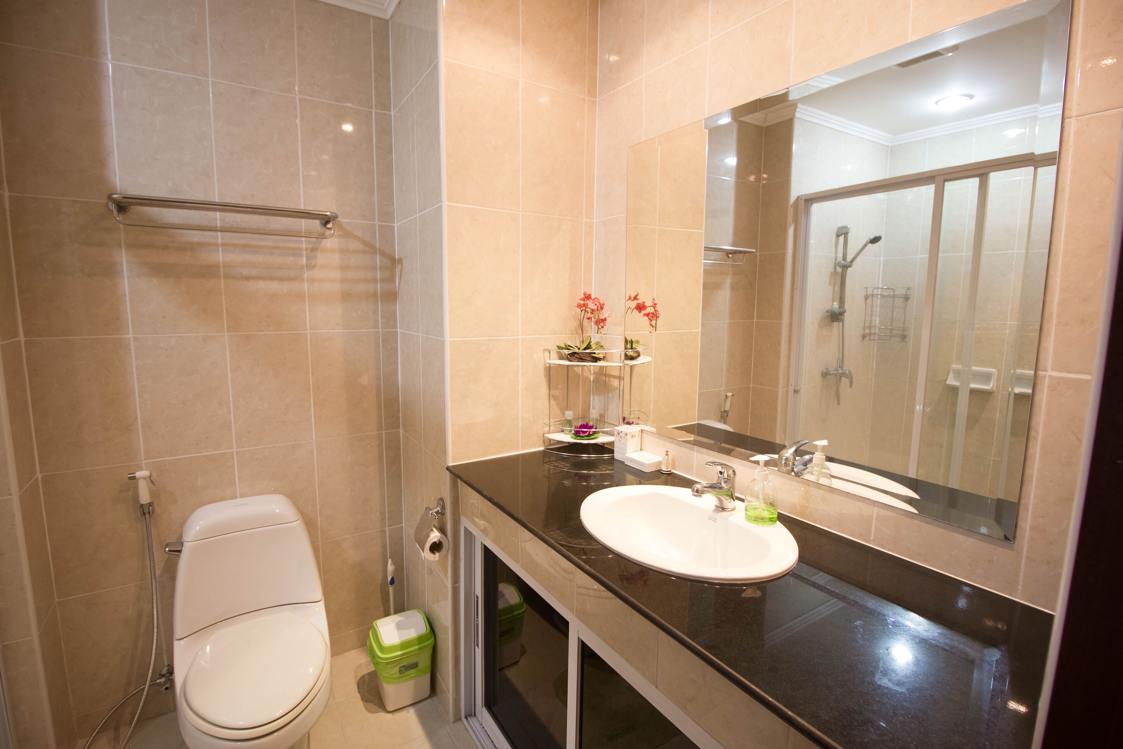Un baño con inodoro, lavamanos y ducha.
