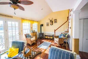 Televisión, chimenea, juguetes, libros