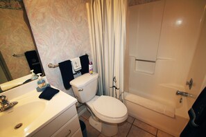 Combined shower/bathtub, hair dryer, towels