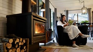 A cozy room with a wood-burning stove, a comfortable seating area, and a view of the outdoors.