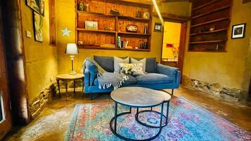 Smart TV, fireplace, books
