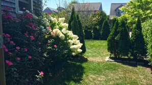 A well-maintained garden with various flowering plants and neatly trimmed hedges.