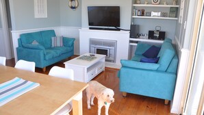 A living room with teal sofas, a white coffee table, a TV, and a dog.