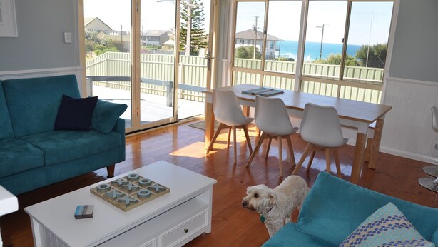 A living room with a teal sofa, a white coffee table, and a dog. There is a dining area with a table and chairs.