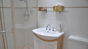 Een douche, een haardroger, zeep, toiletpapier