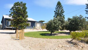 A modern house with a well-maintained lawn and several trees.