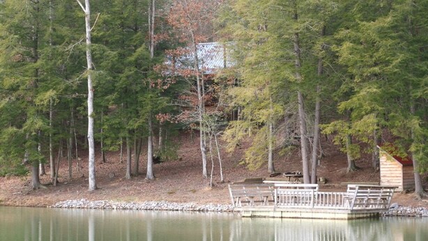 Una cabaña junto al lago con un muelle y una mesa de picnic.