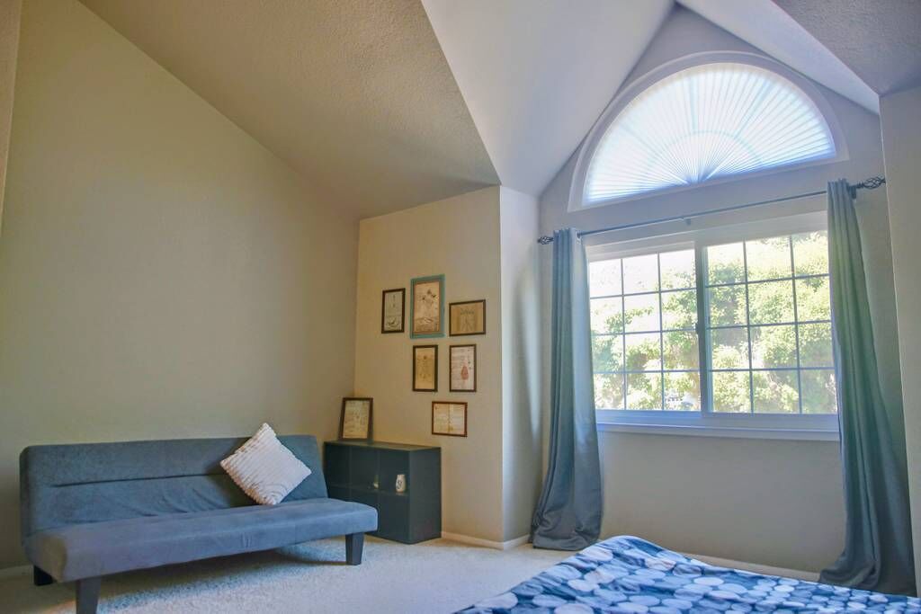 Une chambre à coucher avec un lit, un canapé bleu, une fenêtre avec des rideaux et des tableaux encadrés accrochés au mur.