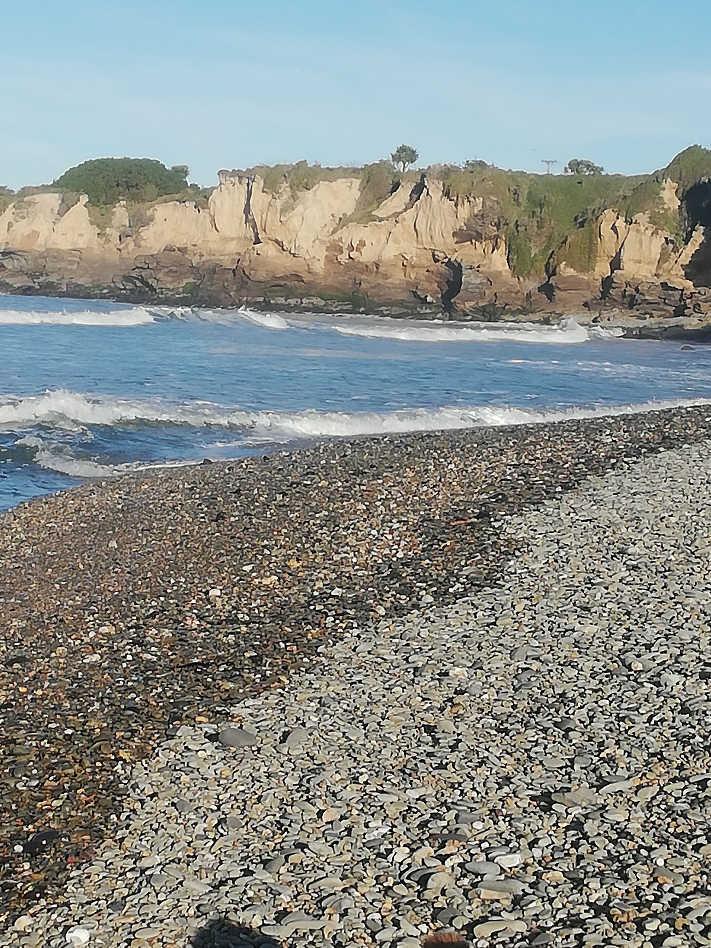 A pebble beach with waves, cliffs, and sparse vegetation.