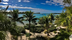 A tropical beach with palm trees, a clear blue sky, and boats in the water. - Private Island Retreat with Private Beach,  Dock, Palm Trees & Glorious Sunsets (Longboat Key)