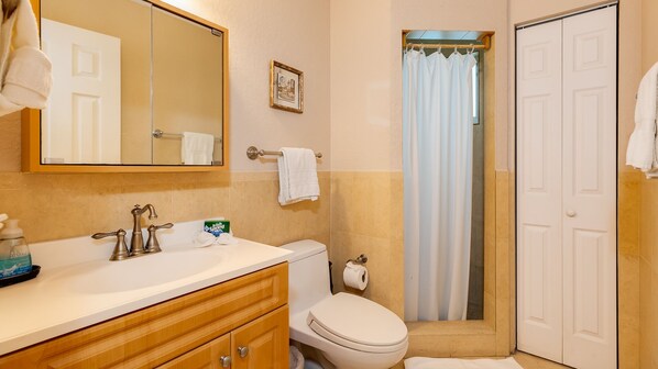 Un baño con un lavamanos blanco, dos grifos, un inodoro, una cortina de ducha y un espejo.
