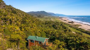 Una casa dal tetto verde immersa in una fitta vegetazione tropicale, con vista su una spiaggia e l'oceano.
