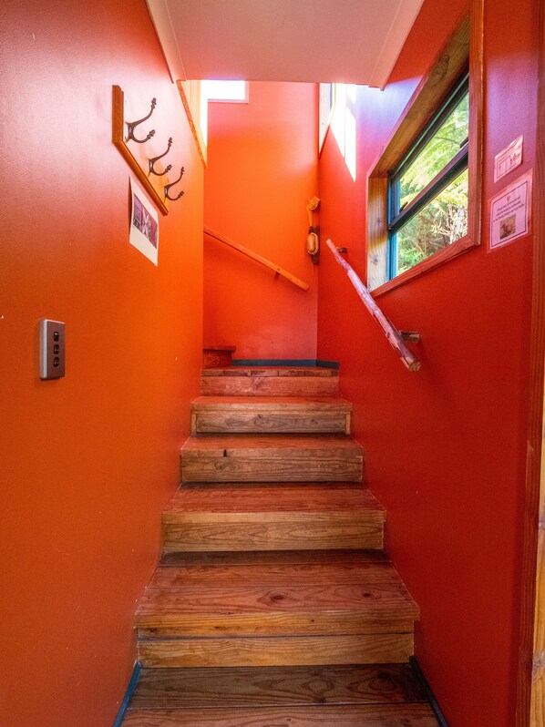 A wooden staircase with a red wall, a picture frame, and a window with a view of trees.