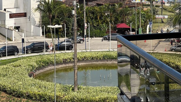Blick auf einen Strand mit Palmen, einen Parkplatz und ein Gebäude mit der Aufschrift 'maremonti'.