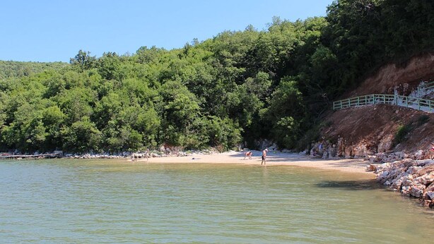 Une plage bordée d’une côte rocheuse, un pont en bois et, en arrière-plan, une forêt dense.
