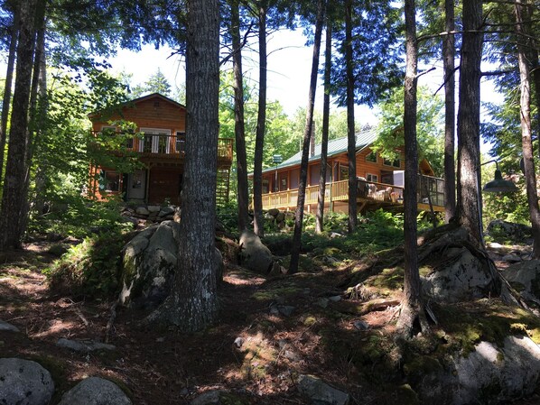 A cabin surrounded by tall trees and a rocky forest floor. - Log home on untouched cold stream lake (Lowell)