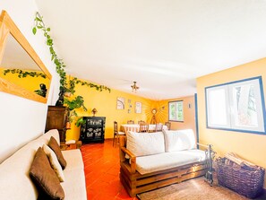 Smart TV, fireplace, books