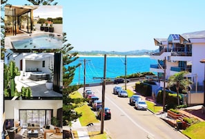 Eine moderne Wohnung mit privatem Pool, einem Balkon mit Meerblick und einer Straßenansicht mit geparkten Autos.