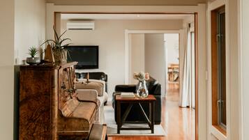 TV connectée, cheminée, lecteur de DVD, table de tennis de table