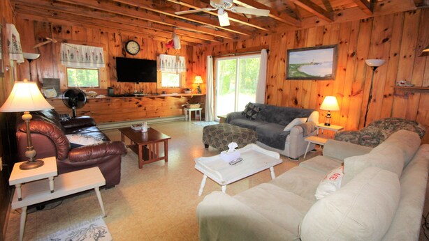 Ein gemütliches Blockhaus-Interieur mit Holzwänden, Deckenventilator, Fernseher, einer Couch, einem Couchtisch und einer Lampe.