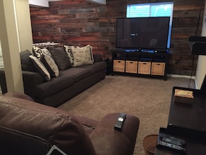 Smart TV, fireplace, video games, DVD player