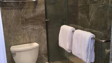 Shower, hair dryer, towels, toilet paper