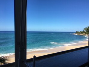 Vista a la playa desde una ventana, con cielo despejado, océano y una orilla arenosa con palmeras.