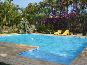 Una piscina con agua azul cristalina, rodeada de palmeras y flores púrpuras.