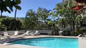 Una piscina con sillones de descanso y palmeras.