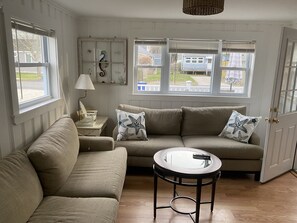 Smart TV, fireplace, DVD player, books