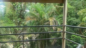 Un balcon agrémenté de fauteuils en osier et d’une petite table, donnant sur un jardin luxuriant.