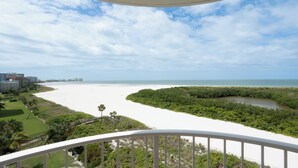 Blick auf die Küste vom Balkon aus, mit Strand, Mangroven und Gebäuden im Hintergrund.