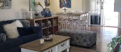 TV, DVD player, books, video library