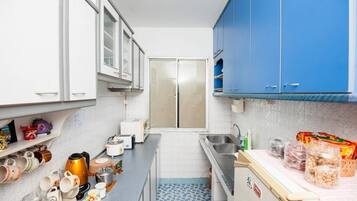 Fridge, microwave, electric kettle, toaster