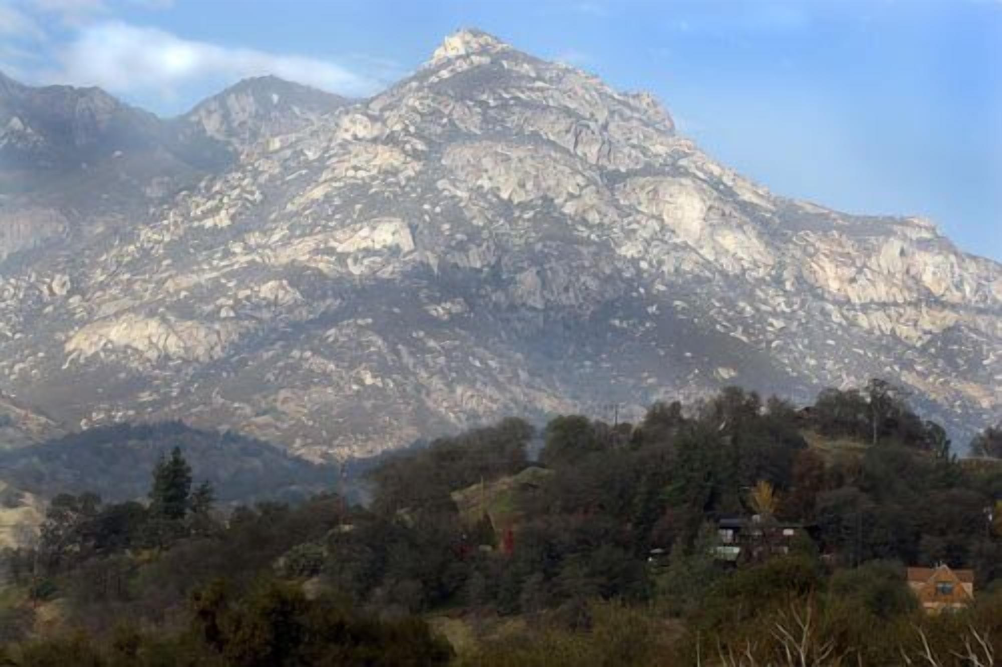 A mountain with a rocky surface and a forested area in the foreground.