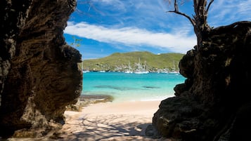 On the beach, sun loungers, beach towels